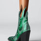 Rhinestone-Embellished Flame Mid-Calf Western Cowboy Pointed Toe Block Heeled Boots - Green