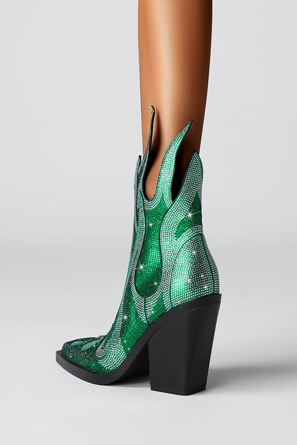 Rhinestone-Embellished Flame Mid-Calf Western Cowboy Pointed Toe Block Heeled Boots - Green