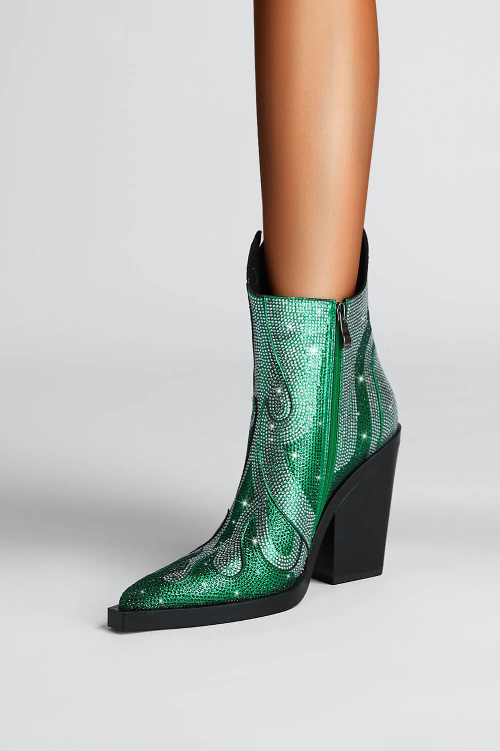 Rhinestone-Embellished Flame Mid-Calf Western Cowboy Pointed Toe Block Heeled Boots - Green