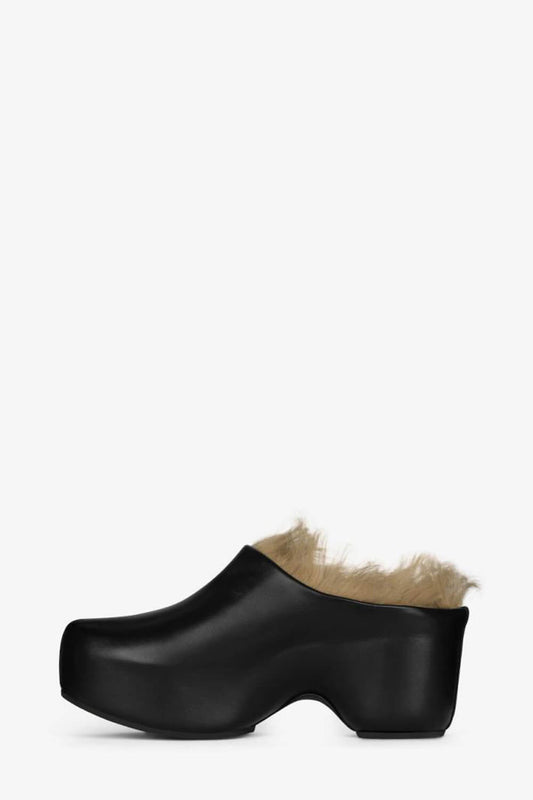 Black Faux Fur-Lined Sling Back Slip On Curved Platform Clogs