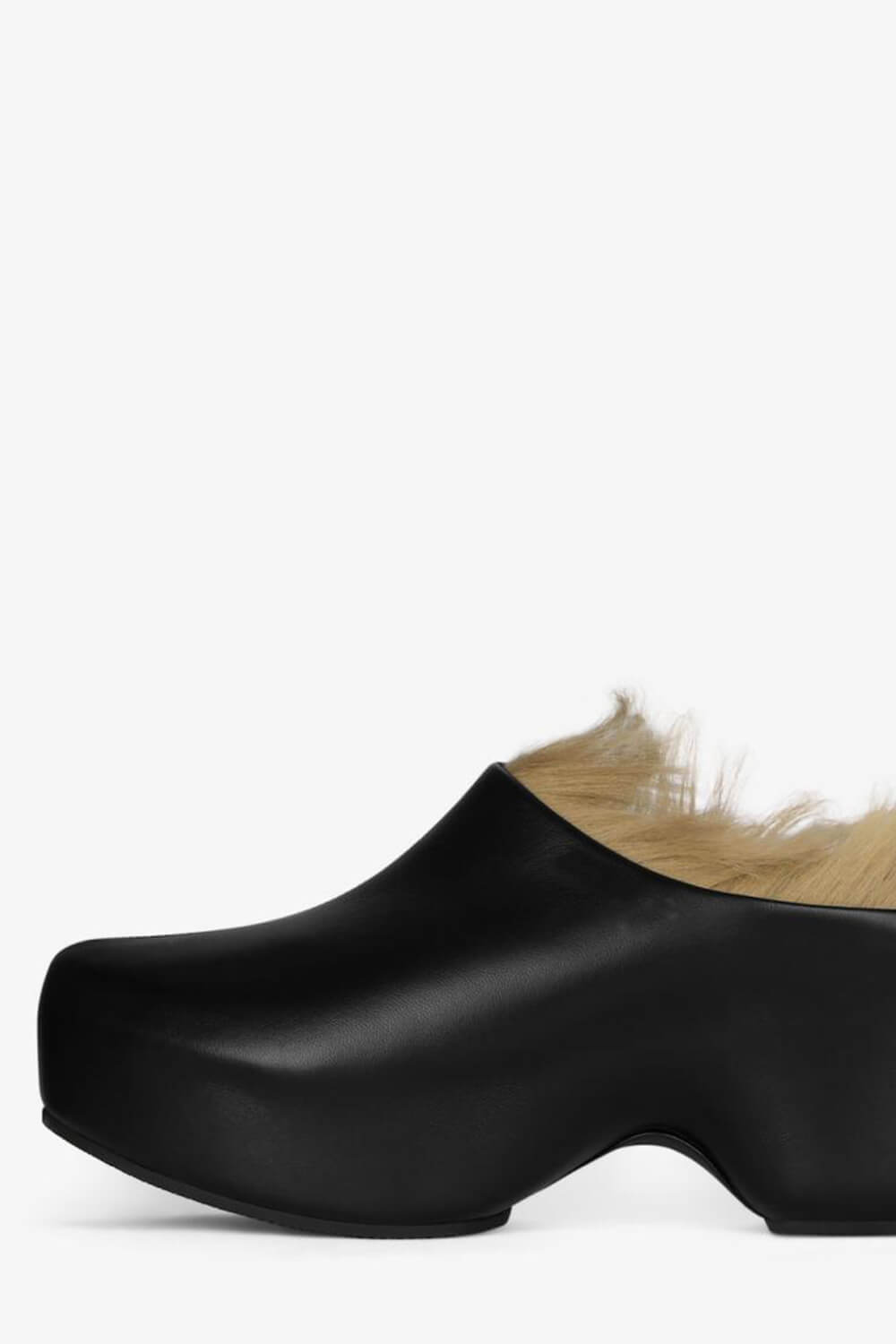 Black Faux Fur-Lined Sling Back Slip On Curved Platform Clogs