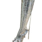 Metallic High Pointed Toe Stiletto Boots With Studs And Pin Buckle Strap Details - Silver