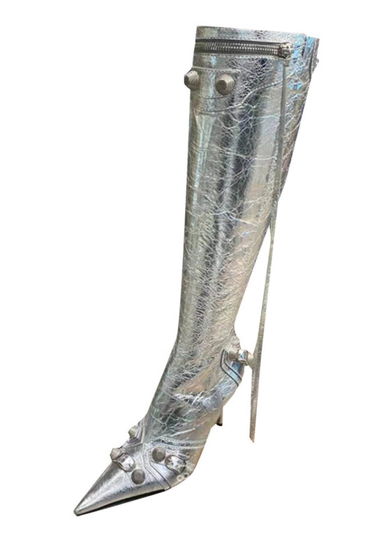 Metallic High Pointed Toe Stiletto Boots With Studs And Pin Buckle Strap Details - Silver