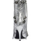 Metallic Pointed Toe Ankle Stiletto Boots With Studs And Pin Buckle Strap Details - Silver
