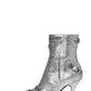 Metallic Pointed Toe Ankle Stiletto Boots With Studs And Pin Buckle Strap Details - Silver