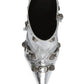 Metallic Pointed Toe Ankle Stiletto Boots With Studs And Pin Buckle Strap Details - Silver