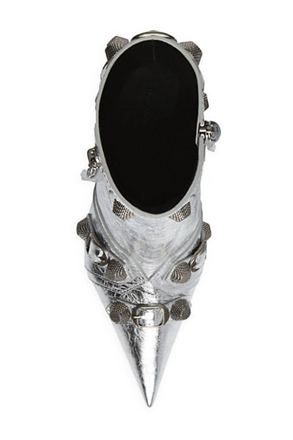 Metallic Pointed Toe Ankle Stiletto Boots With Studs And Pin Buckle Strap Details - Silver