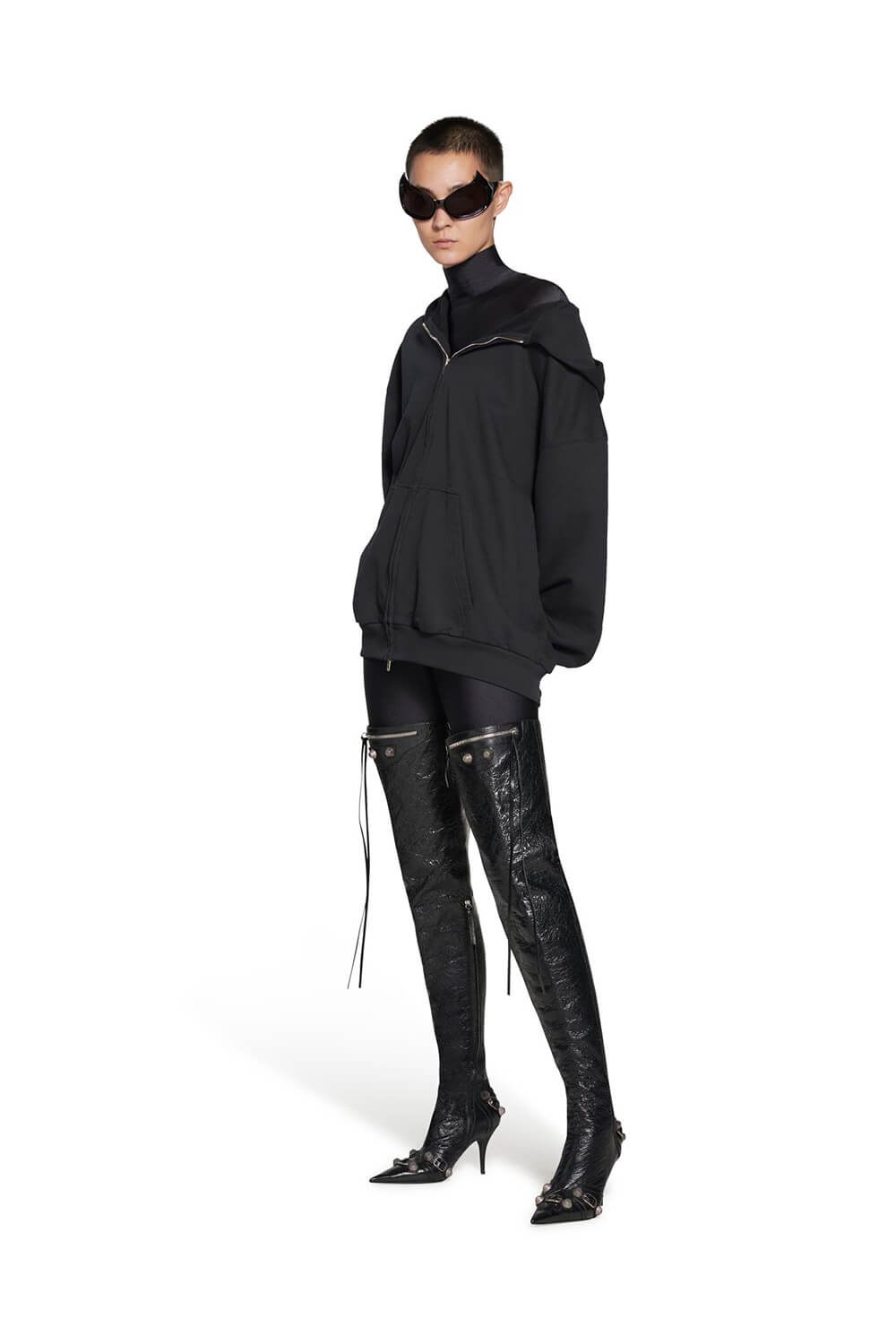 Pointed Toe Over-The-Knee Stiletto Boots With Studs And Pin Buckle Strap Details - Black