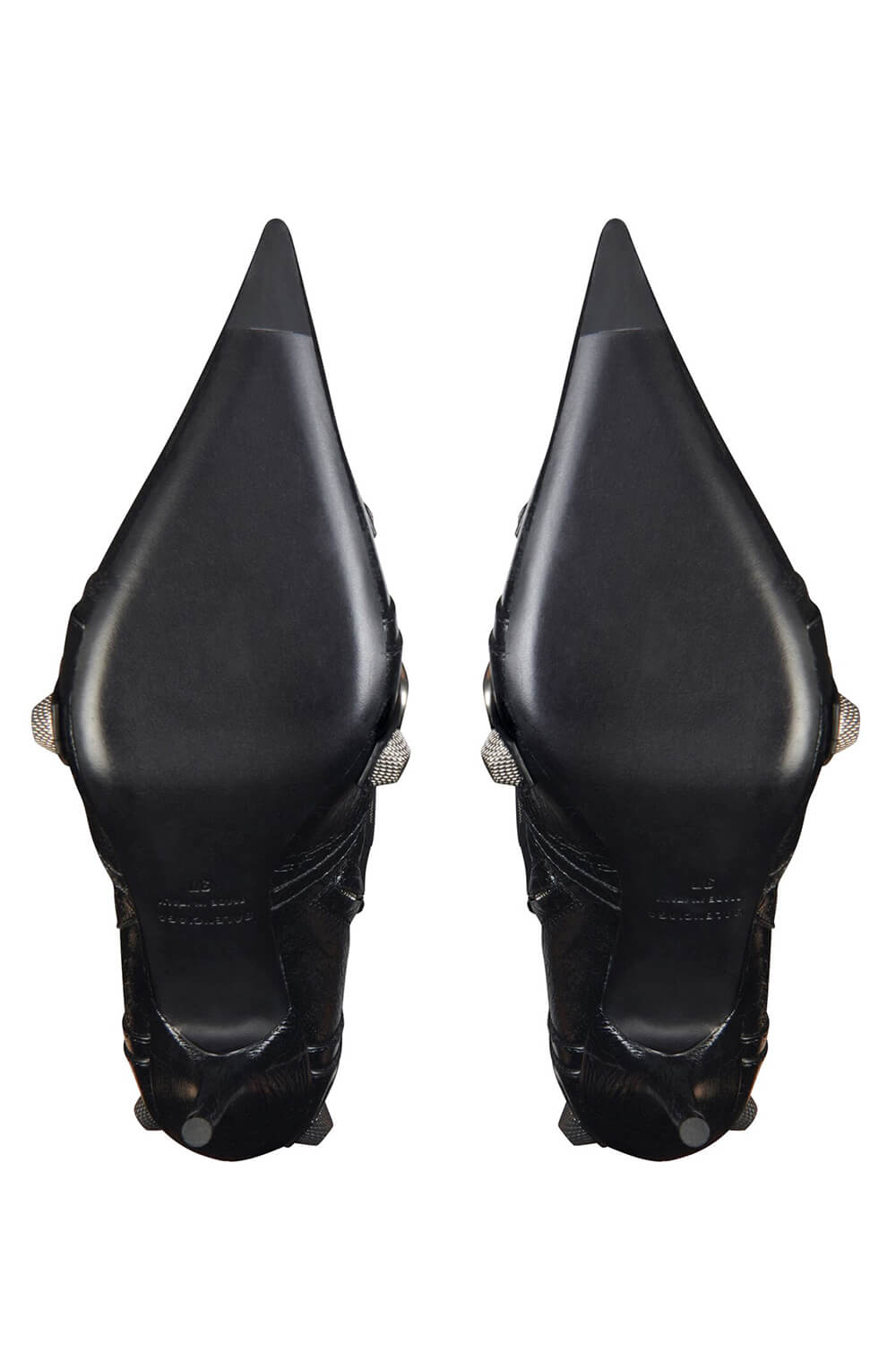 Pointed Toe Over-The-Knee Stiletto Boots With Studs And Pin Buckle Strap Details - Black