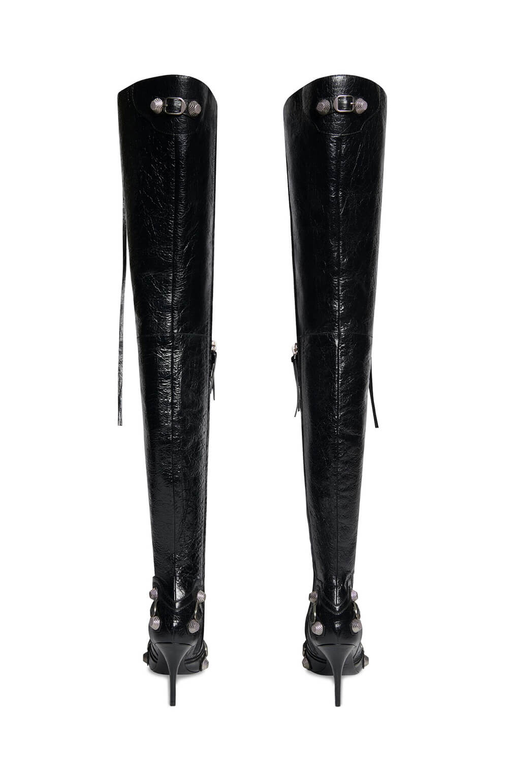 Pointed Toe Over-The-Knee Stiletto Boots With Studs And Pin Buckle Strap Details - Black