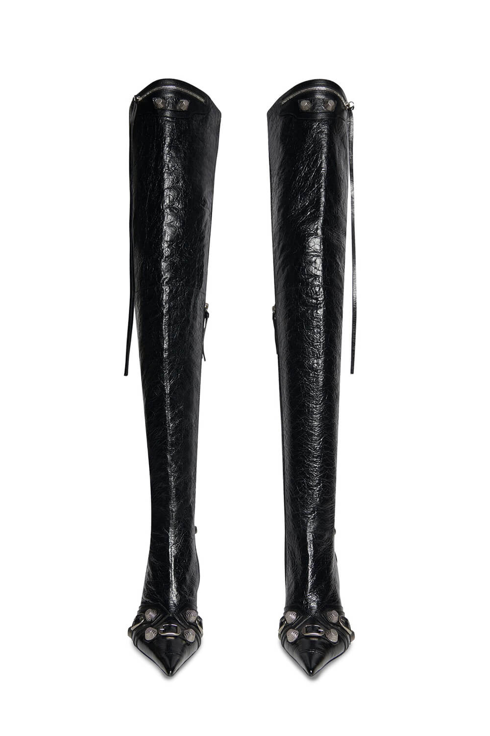 Pointed Toe Over-The-Knee Stiletto Boots With Studs And Pin Buckle Strap Details - Black