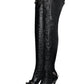 Pointed Toe Over-The-Knee Stiletto Boots With Studs And Pin Buckle Strap Details - Black