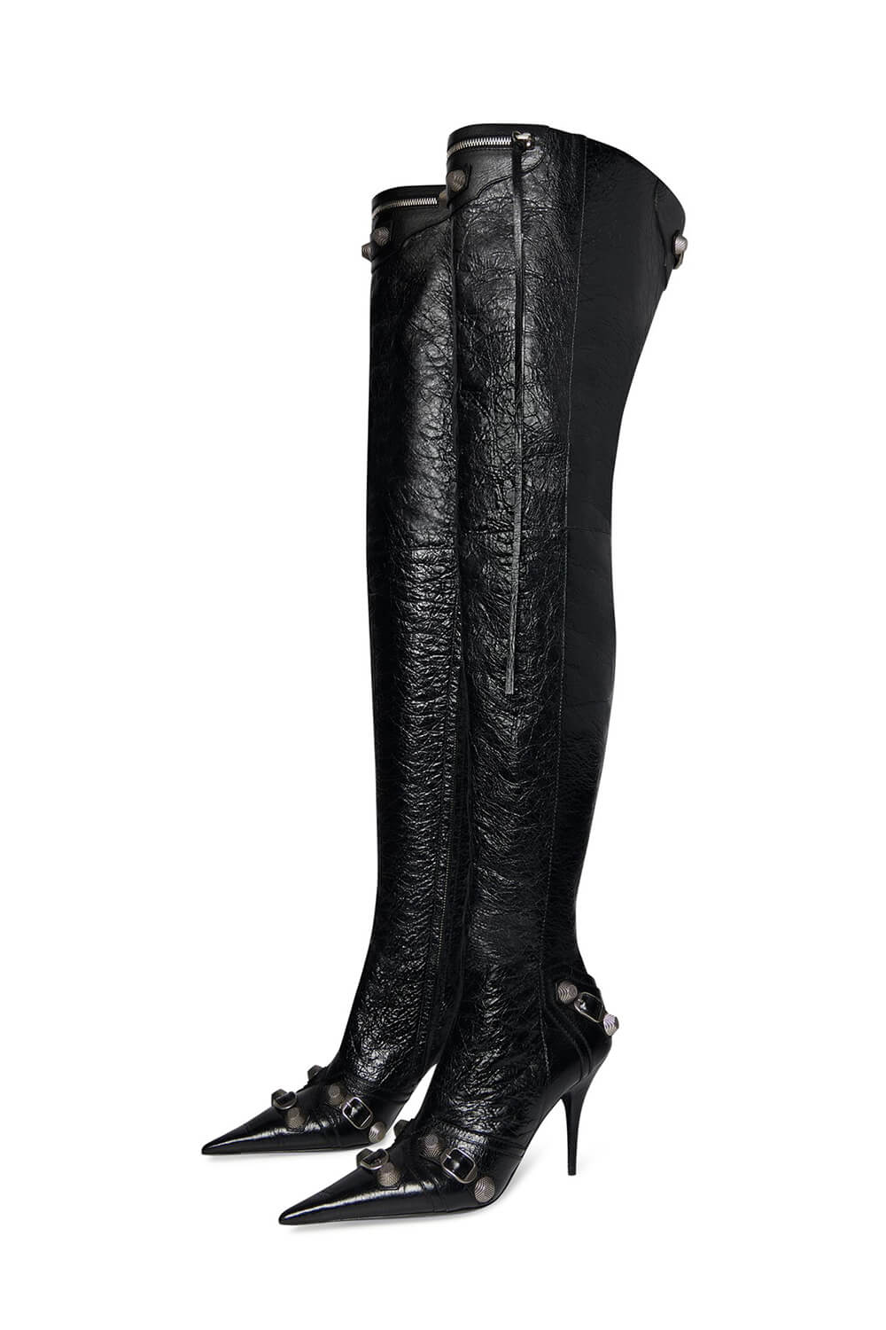Pointed Toe Over-The-Knee Stiletto Boots With Studs And Pin Buckle Strap Details - Black