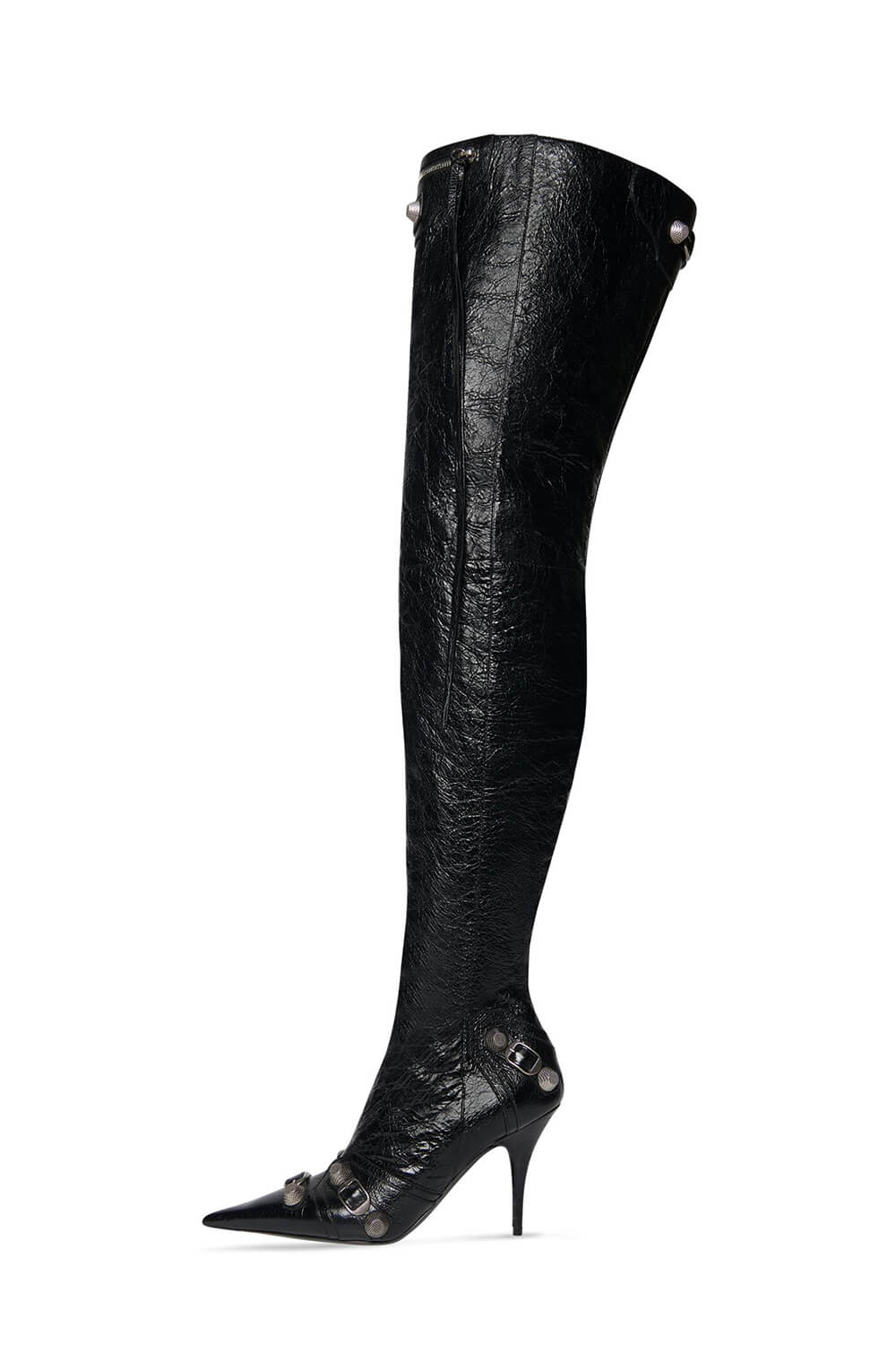 Pointed Toe Over-The-Knee Stiletto Boots With Studs And Pin Buckle Strap Details - Black