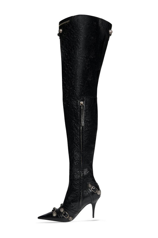 Pointed Toe Over-The-Knee Stiletto Boots With Studs And Pin Buckle Strap Details - Black