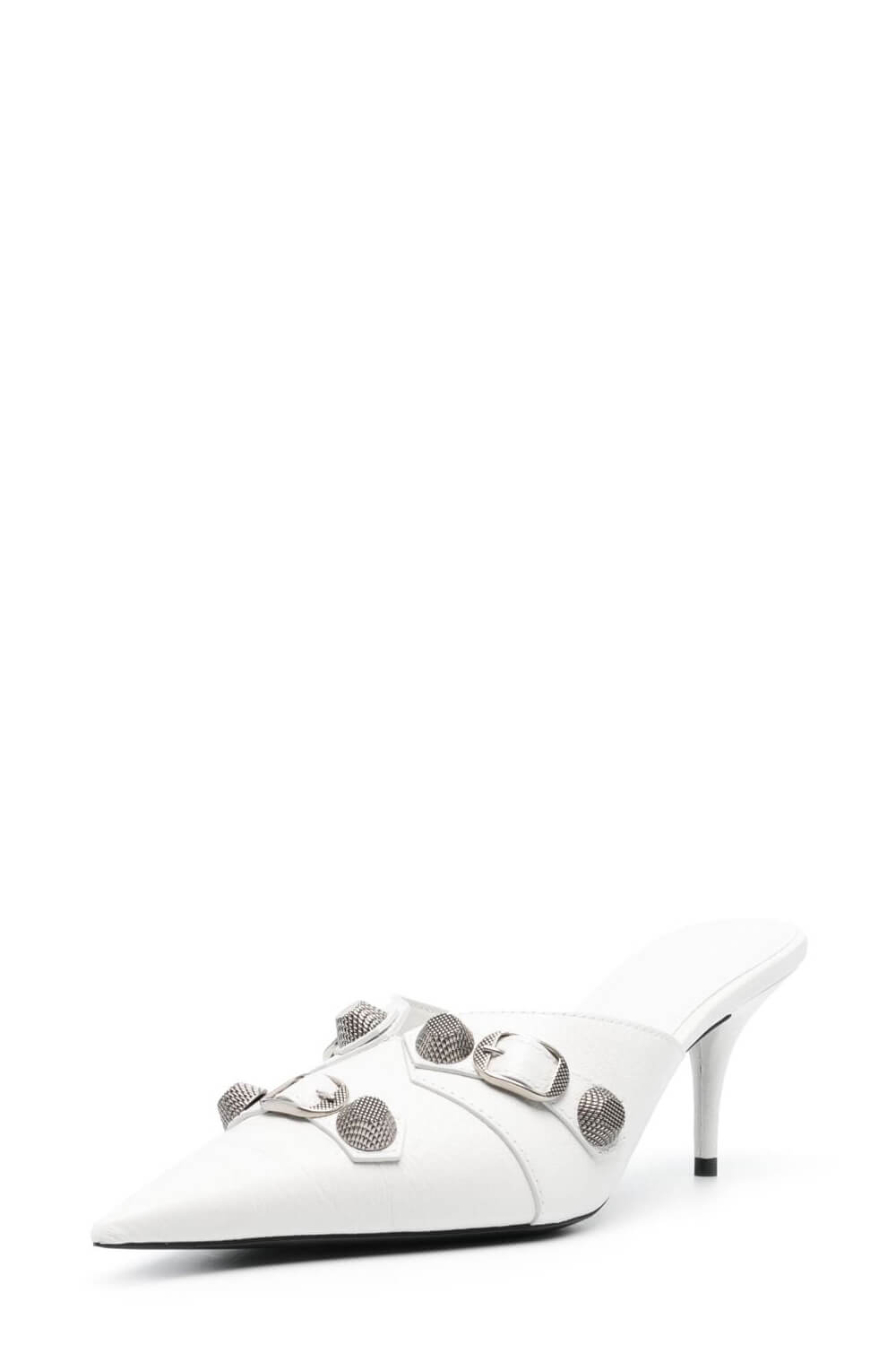 Pointed Toe Stiletto Mules With Studs And Pin Buckle Strap Details - White