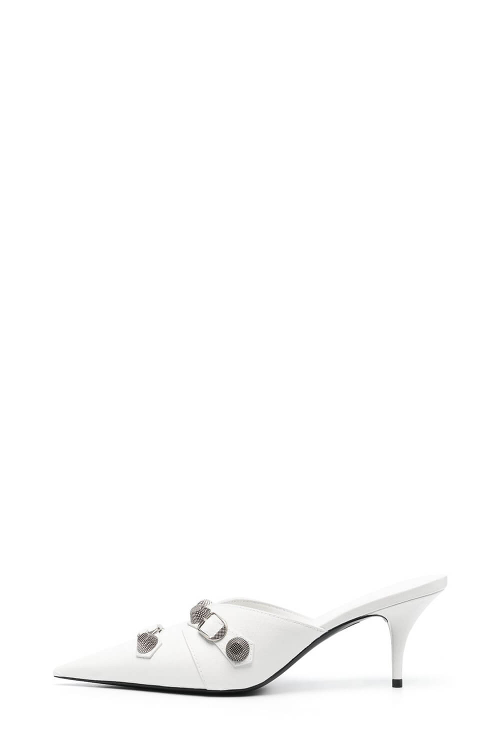 Pointed Toe Stiletto Mules With Studs And Pin Buckle Strap Details - White