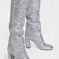 Silver Glitter Knee High Block Heeled Boots