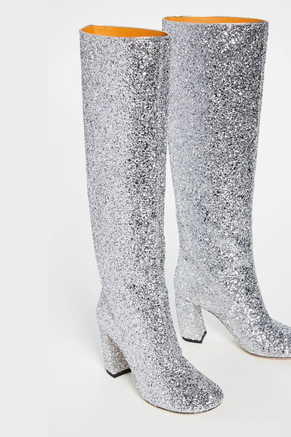 Silver Glitter Knee High Block Heeled Boots