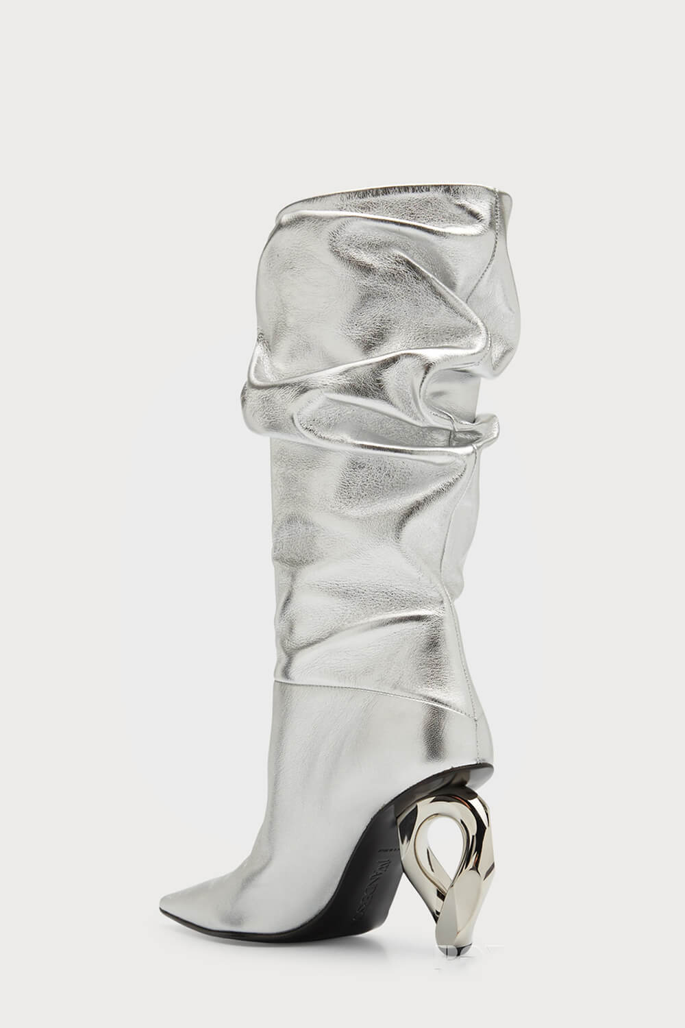 Metallic Slouchy Pointed Toe Chain-Heel Mid Boots - Silver