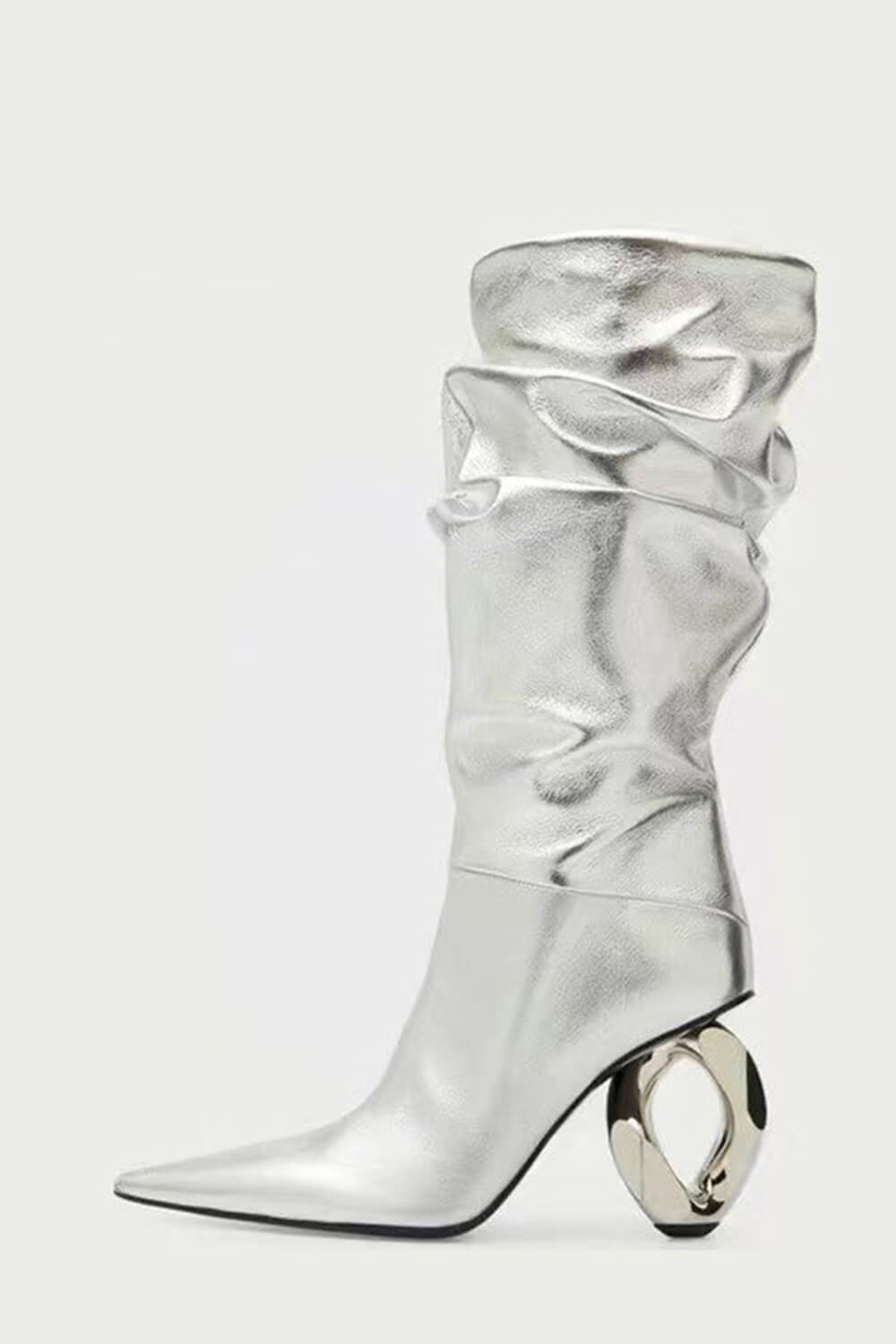 Metallic Slouchy Pointed Toe Chain-Heel Mid Boots - Silver