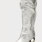 Metallic Slouchy Pointed Toe Chain-Heel Mid Boots - Silver