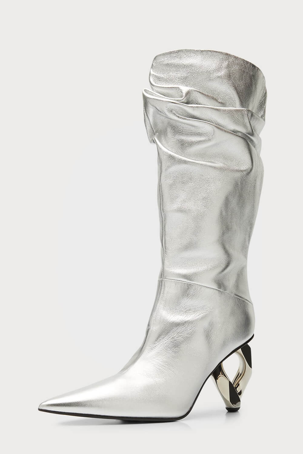 Metallic Slouchy Pointed Toe Chain-Heel Mid Boots - Silver