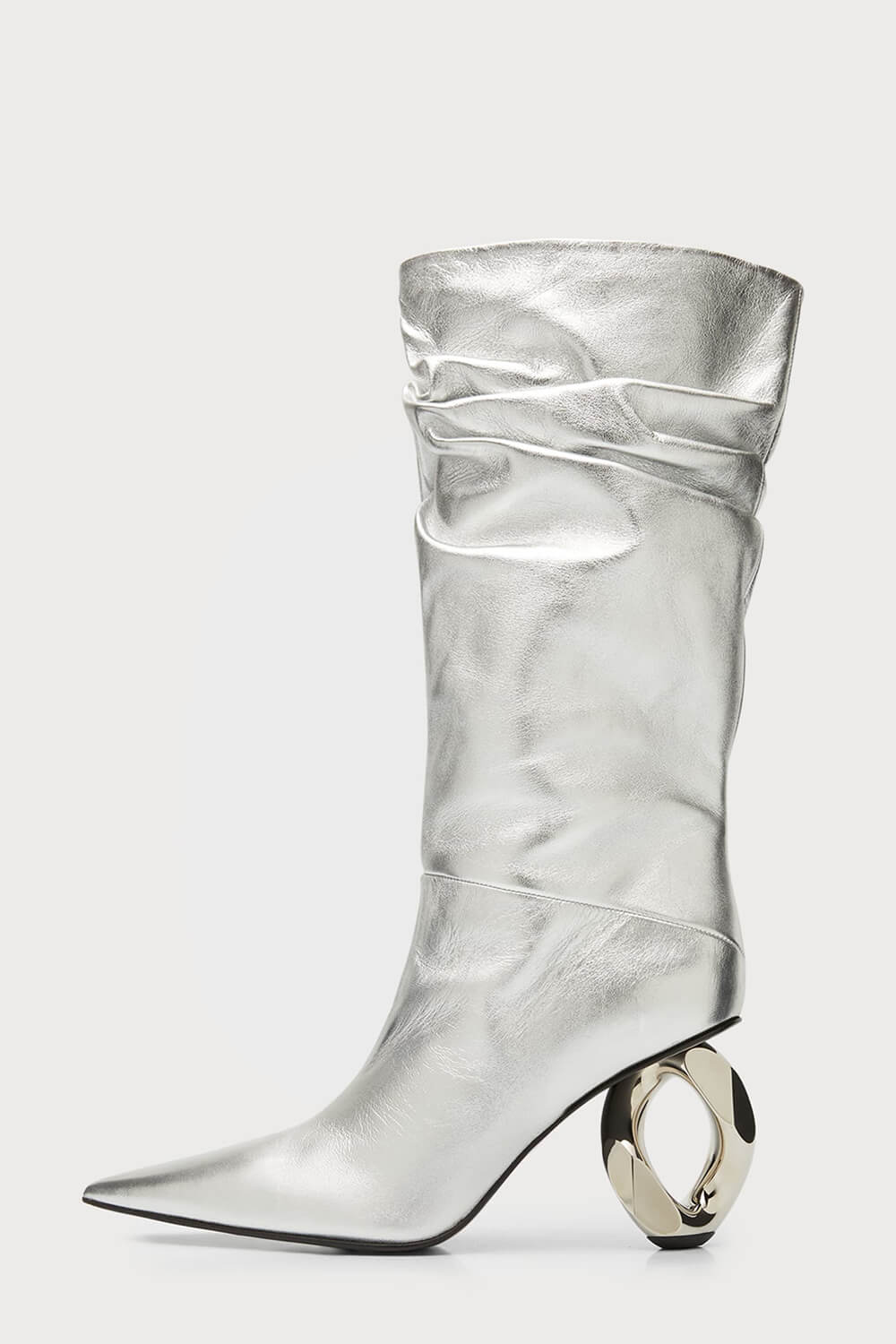 Metallic Slouchy Pointed Toe Chain-Heel Mid Boots - Silver