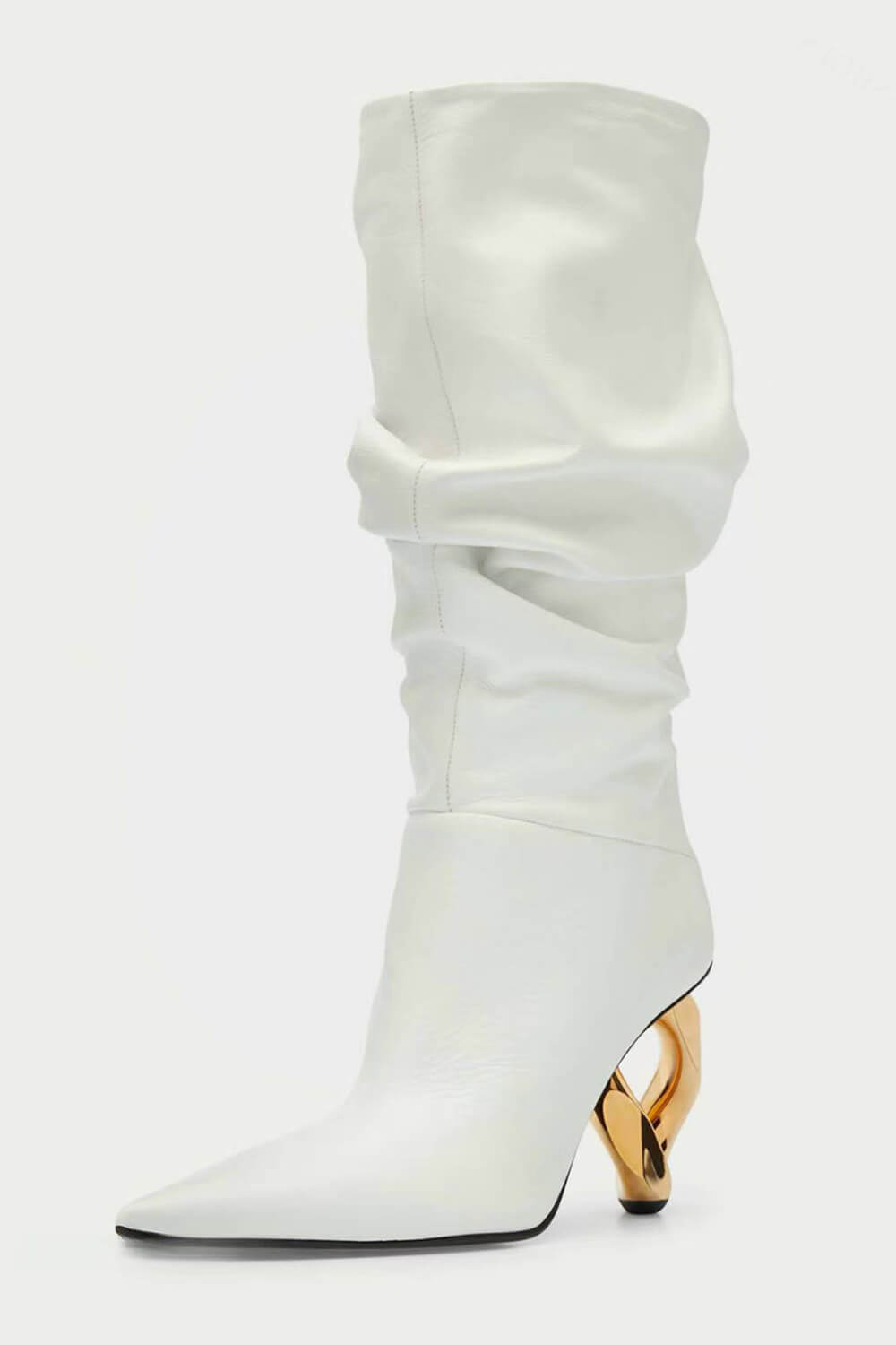 Slouchy Pointed Toe Chain-Heel Mid Boots - White