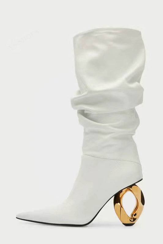 Slouchy Pointed Toe Chain-Heel Mid Boots - White