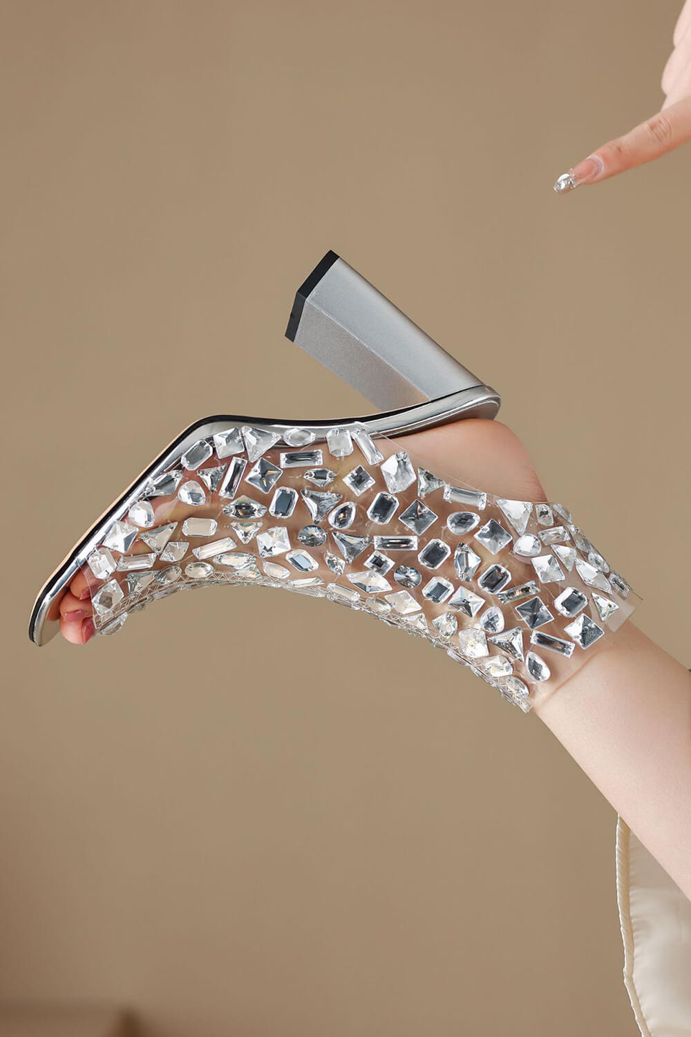 Clear Perspex Rhinestone-Studded Square Peep Toe Block Heeled Ankle Bootie