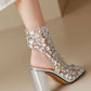 Clear Perspex Rhinestone-Studded Square Peep Toe Block Heeled Ankle Bootie