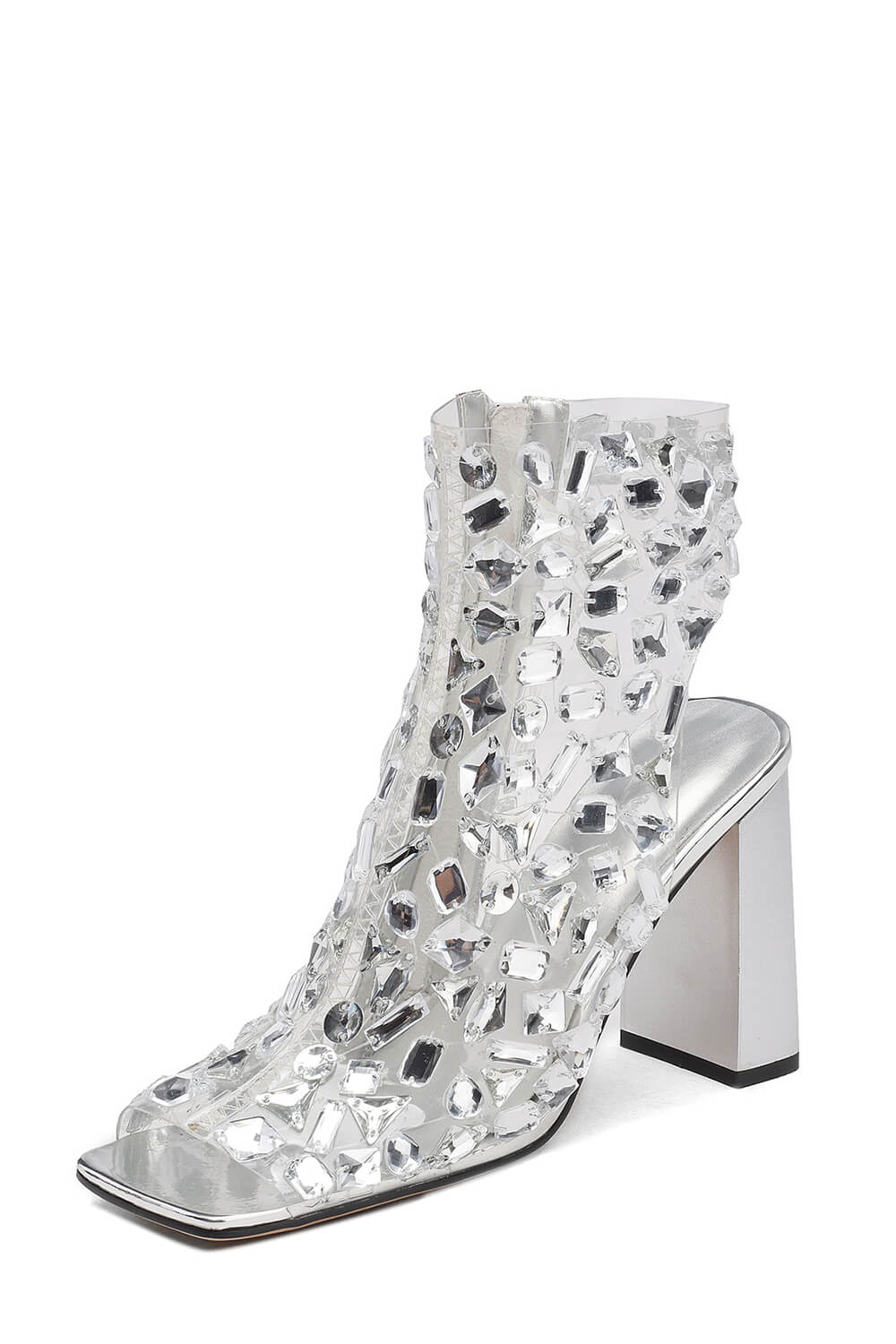 Clear Perspex Rhinestone-Studded Square Peep Toe Block Heeled Ankle Bootie