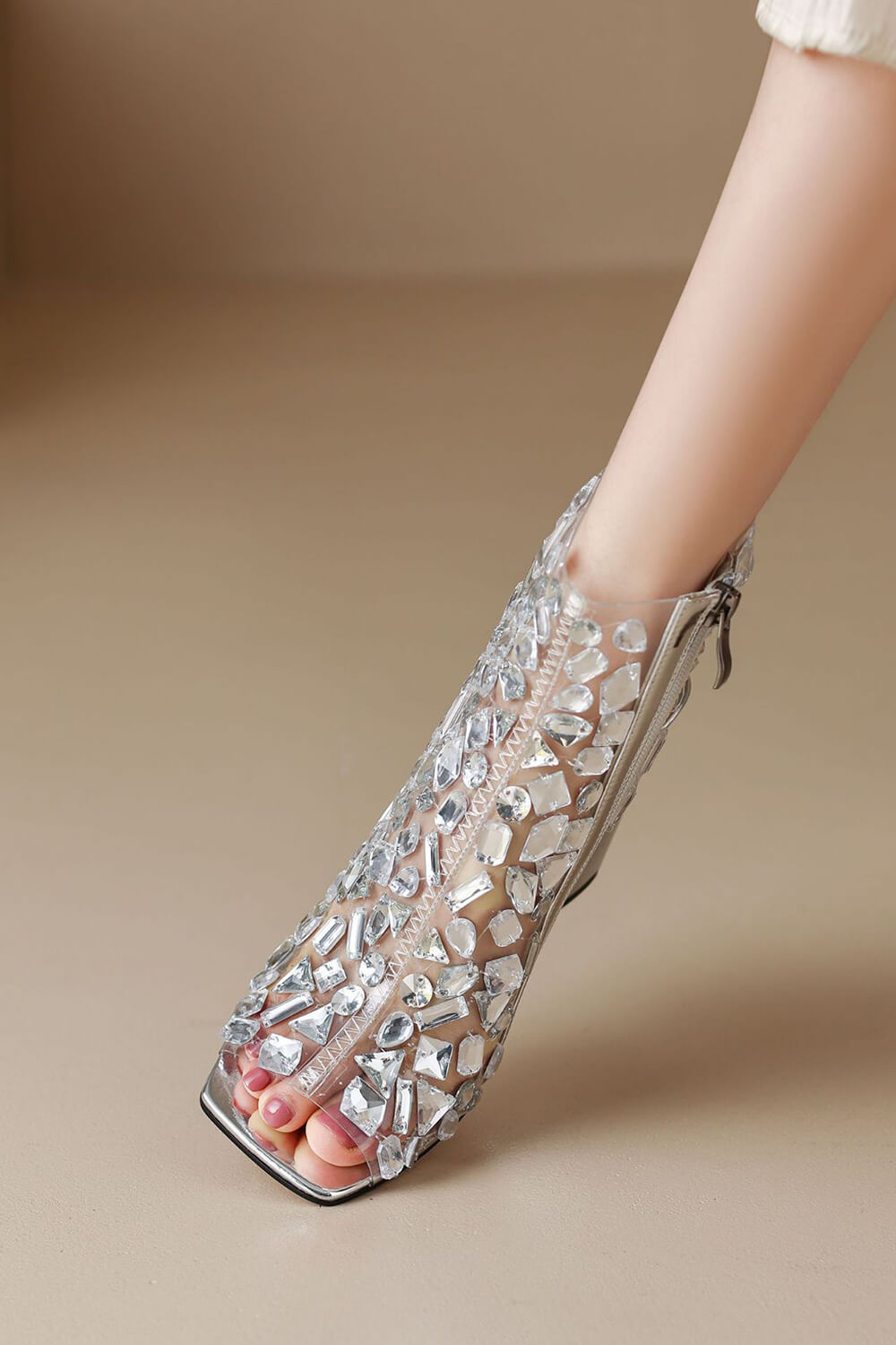 Clear Perspex Rhinestone-Studded Square Peep Toe Block Heeled Ankle Bootie