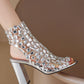 Clear Perspex Rhinestone-Studded Square Peep Toe Block Heeled Ankle Bootie