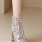 Clear Perspex Rhinestone-Studded Square Peep Toe Block Heeled Ankle Bootie