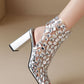 Clear Perspex Rhinestone-Studded Square Peep Toe Block Heeled Ankle Bootie