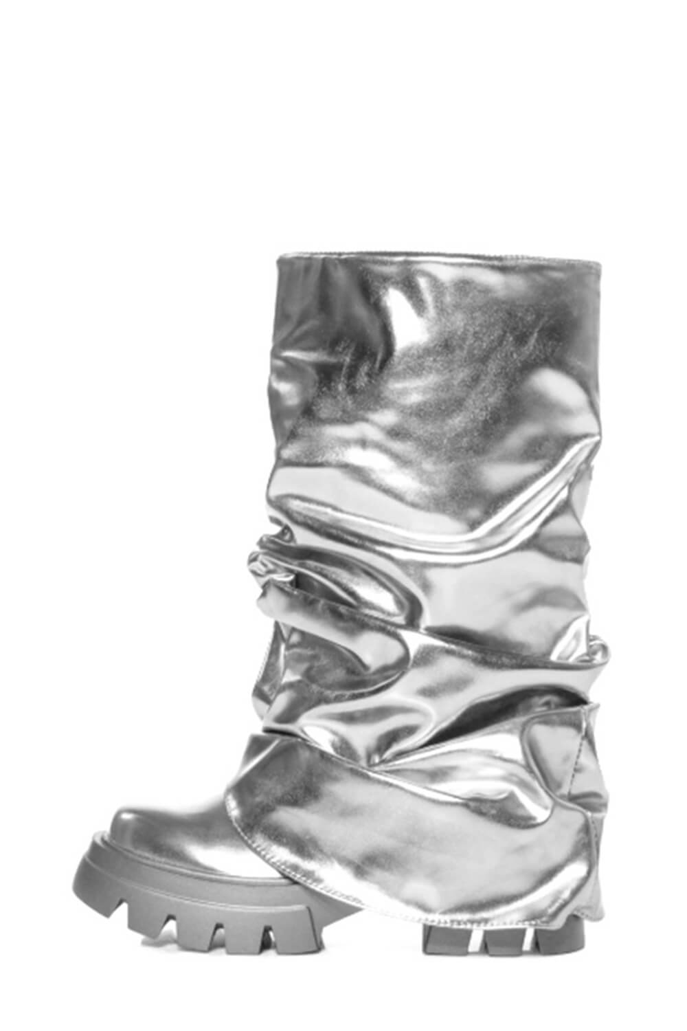 Metallic Scrunched Foldover Mid Calf Flatform Chunky Boots - Silver