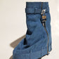 Wrapped Denim Padlock Detail Folded Wedge Heel Mid Calf Chunky Biker Boots - Dark Blue
