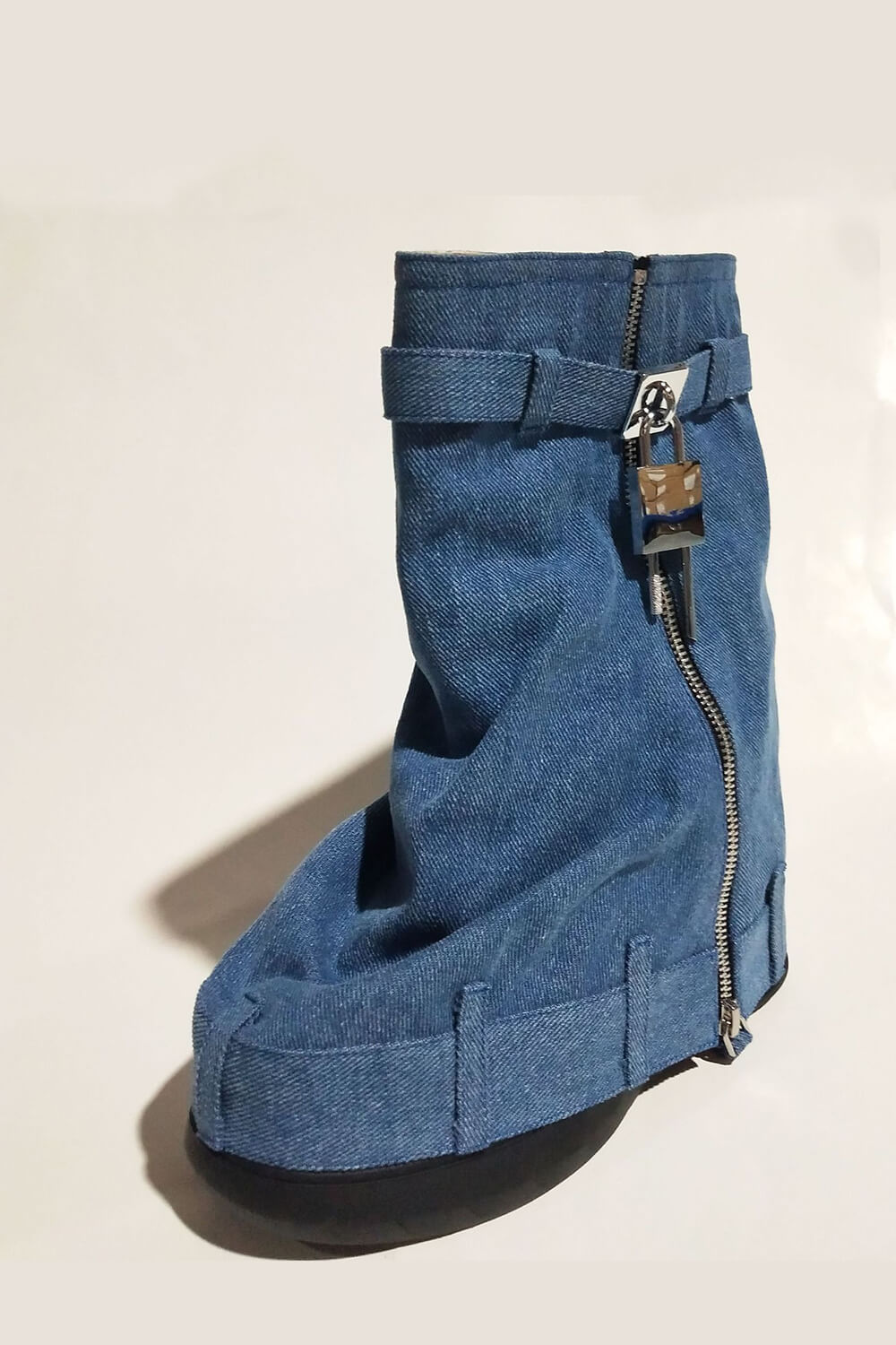 Wrapped Denim Padlock Detail Folded Wedge Heel Mid Calf Chunky Biker Boots - Dark Blue
