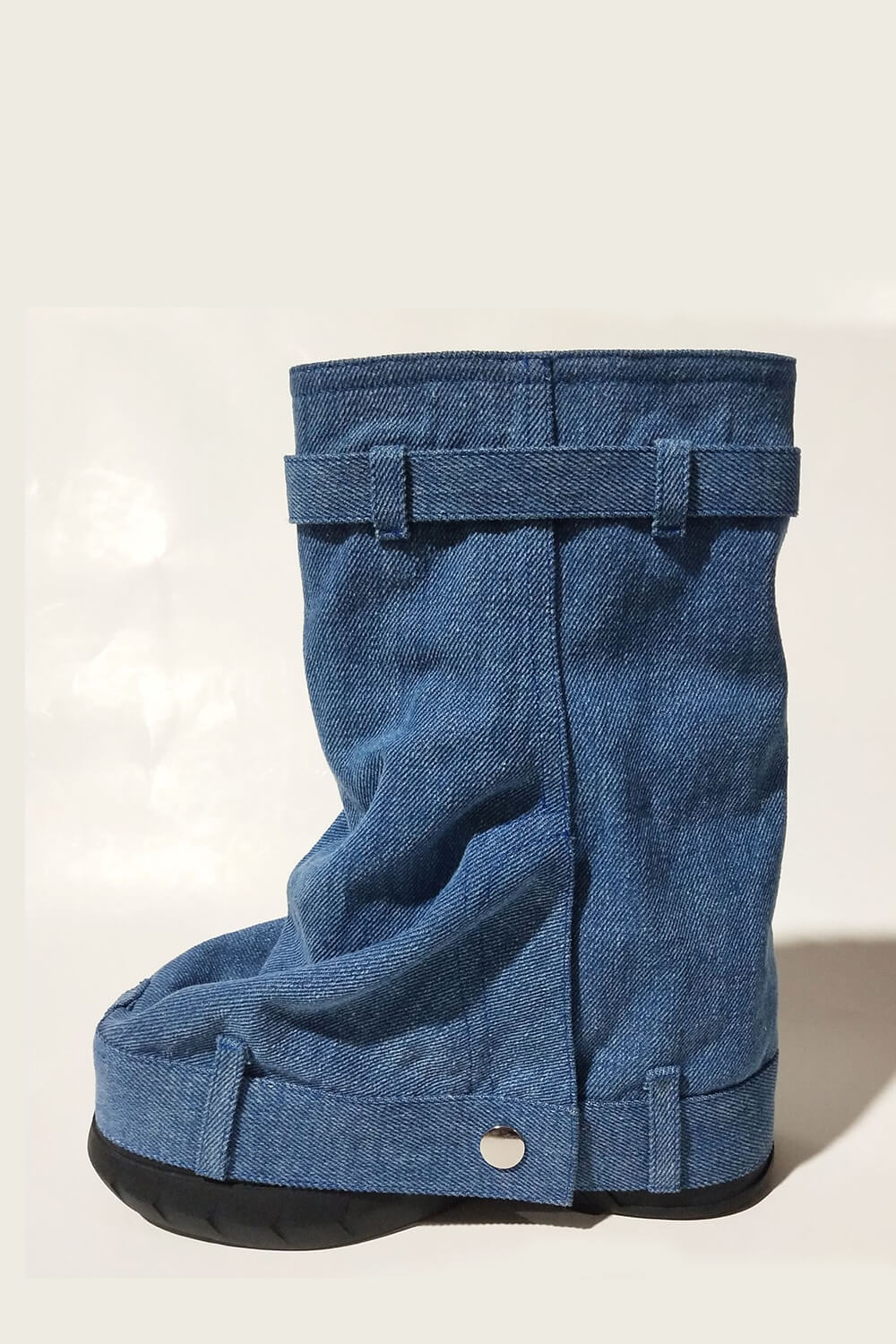 Wrapped Denim Padlock Detail Folded Wedge Heel Mid Calf Chunky Biker Boots - Dark Blue