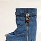 Wrapped Denim Padlock Detail Folded Wedge Heel Mid Calf Chunky Biker Boots - Dark Blue