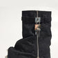 Wrapped Denim Padlock Detail Folded Wedge Heel Mid Calf Chunky Biker Boots - Black