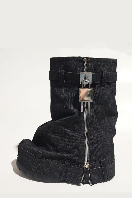 Wrapped Denim Padlock Detail Folded Wedge Heel Mid Calf Chunky Biker Boots - Black