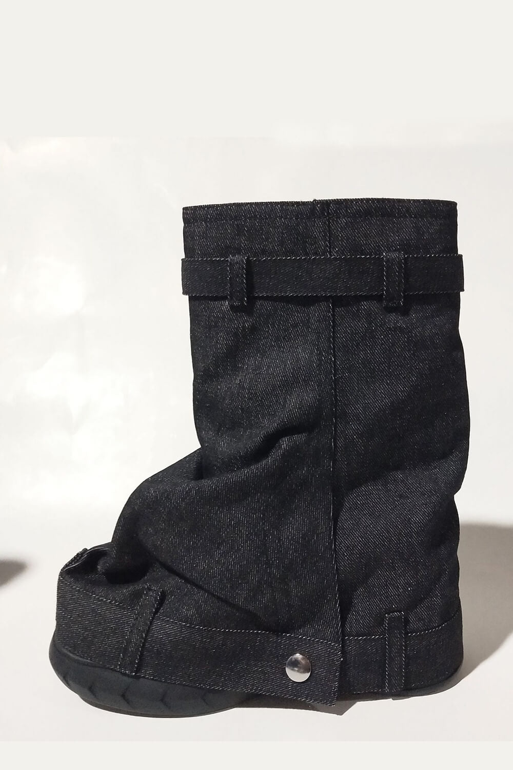 Wrapped Denim Padlock Detail Folded Wedge Heel Mid Calf Chunky Biker Boots - Black