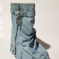 Wrapped Denim Padlock Detail Folded Wedge Heel Mid Calf Chunky Biker Boots - Light Blue
