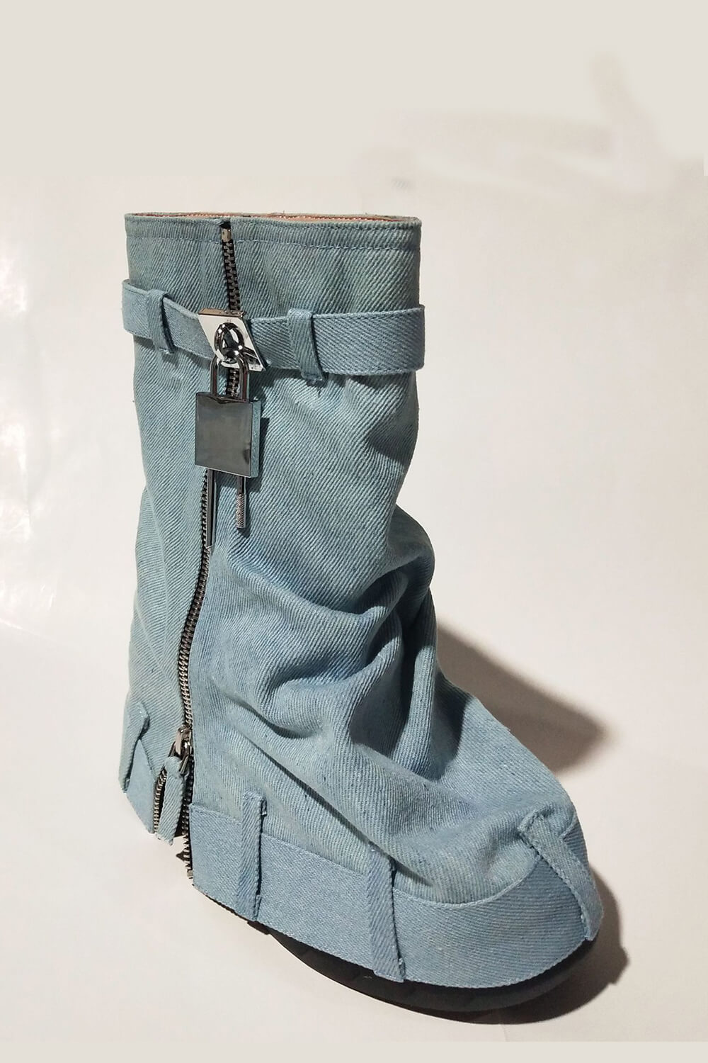 Wrapped Denim Padlock Detail Folded Wedge Heel Mid Calf Chunky Biker Boots - Light Blue