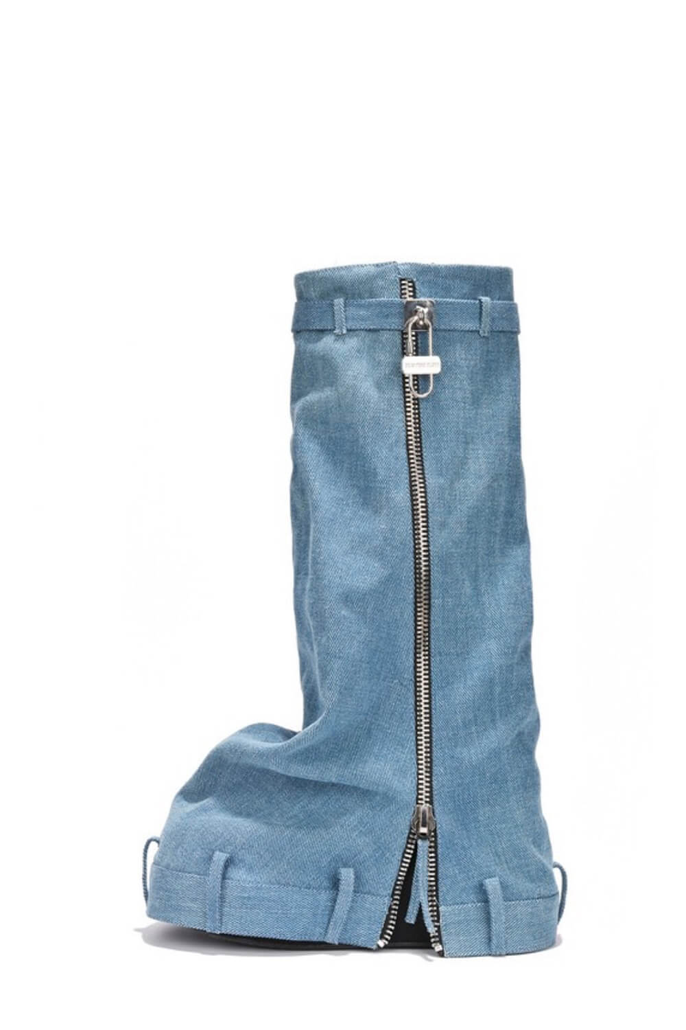 Wrapped Denim Padlock Detail Folded Wedge Heel Mid Calf Chunky Biker Boots - Light Blue