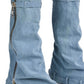 Wrapped Denim Padlock Detail Folded Wedge Heel Mid Calf Chunky Biker Boots - Light Blue