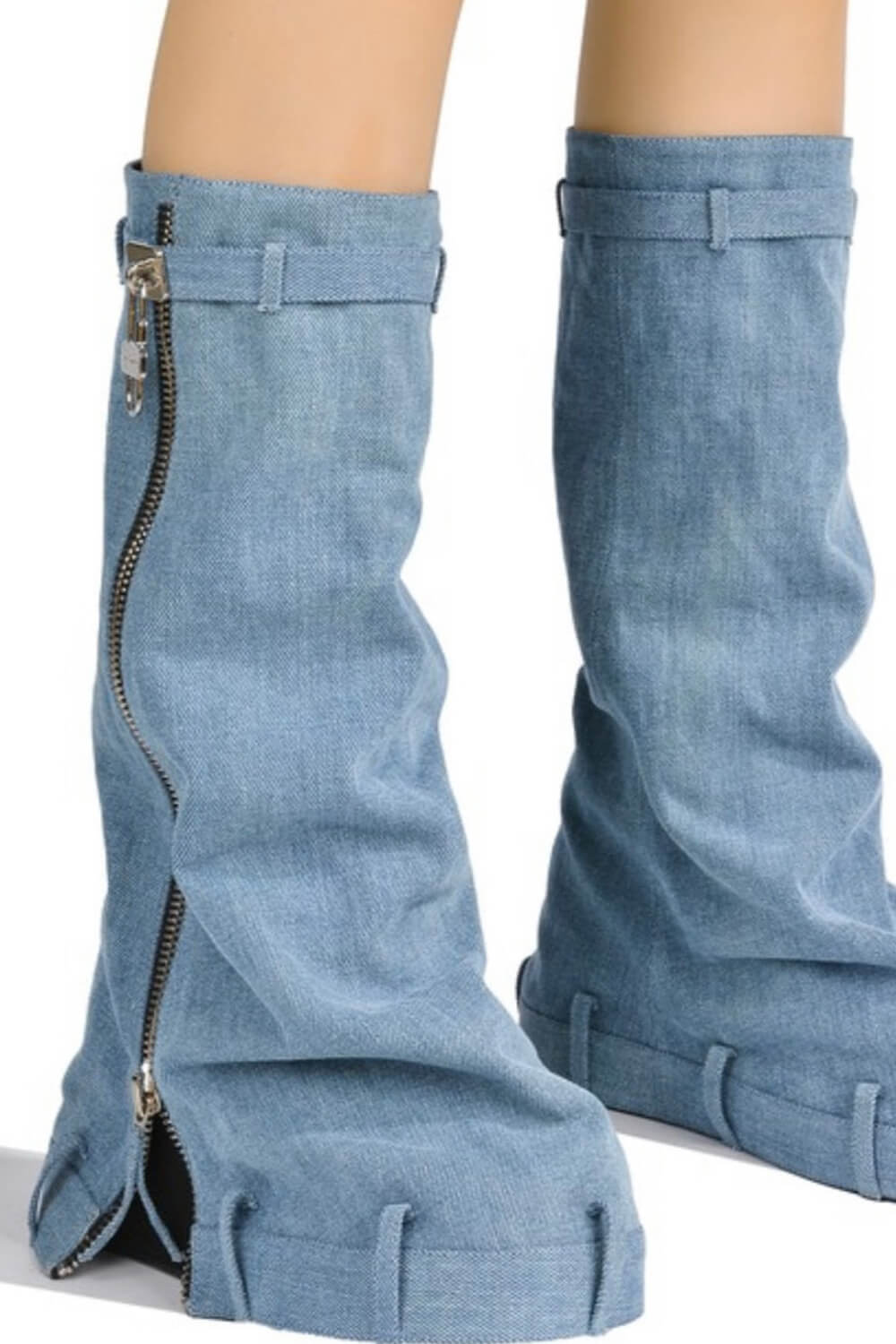 Wrapped Denim Padlock Detail Folded Wedge Heel Mid Calf Chunky Biker Boots - Light Blue
